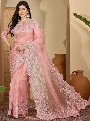 Pink embroidered organza saree 2