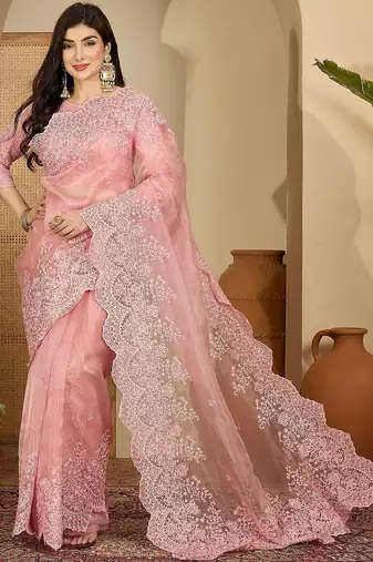 Pink embroidered organza saree