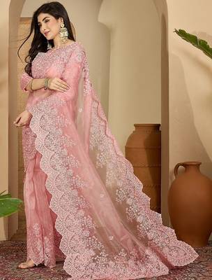 Pink embroidered organza saree 3