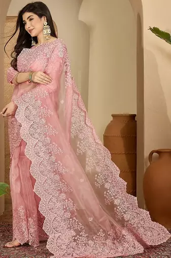 Pink embroidered organza saree