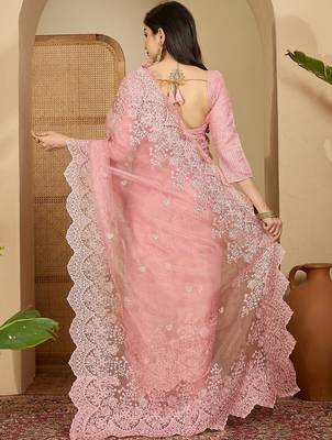 Pink embroidered organza saree 4