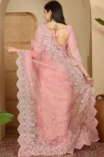 Pink embroidered organza saree