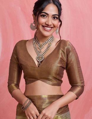 Gold ethnic motifs tissue designer banarasi saree 4