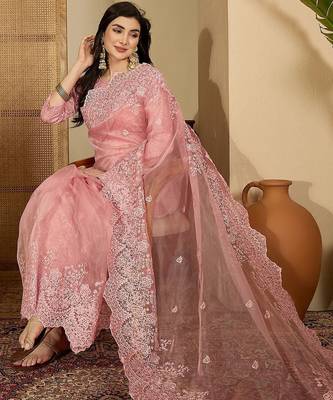 Pink embroidered organza saree 5