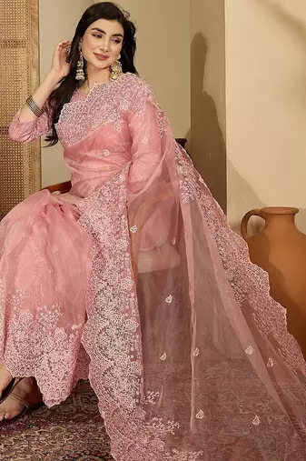Pink embroidered organza saree