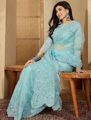 Blue embroidered organza saree 1
