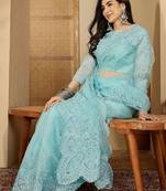 Blue embroidered organza saree
