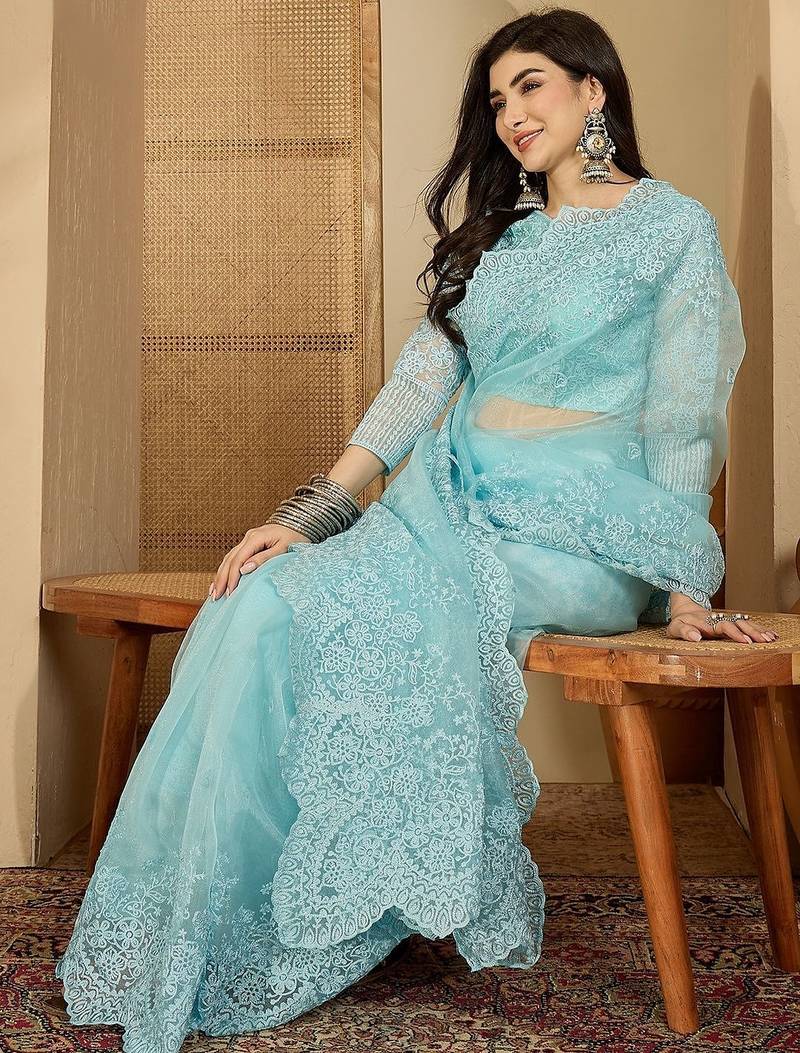 Blue embroidered organza saree