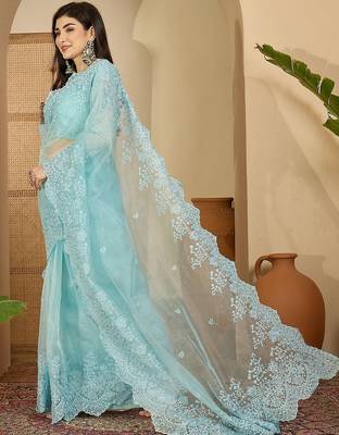 Blue embroidered organza saree 2