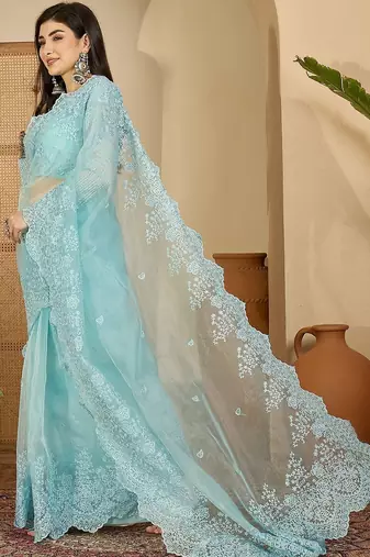 Blue embroidered organza saree