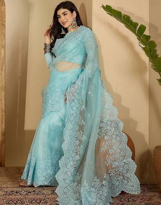 Blue embroidered organza saree 3