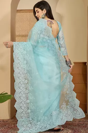 Blue embroidered organza saree