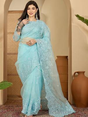 Blue embroidered organza saree 5