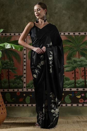 Black ready to wear satin floral digital printed saree