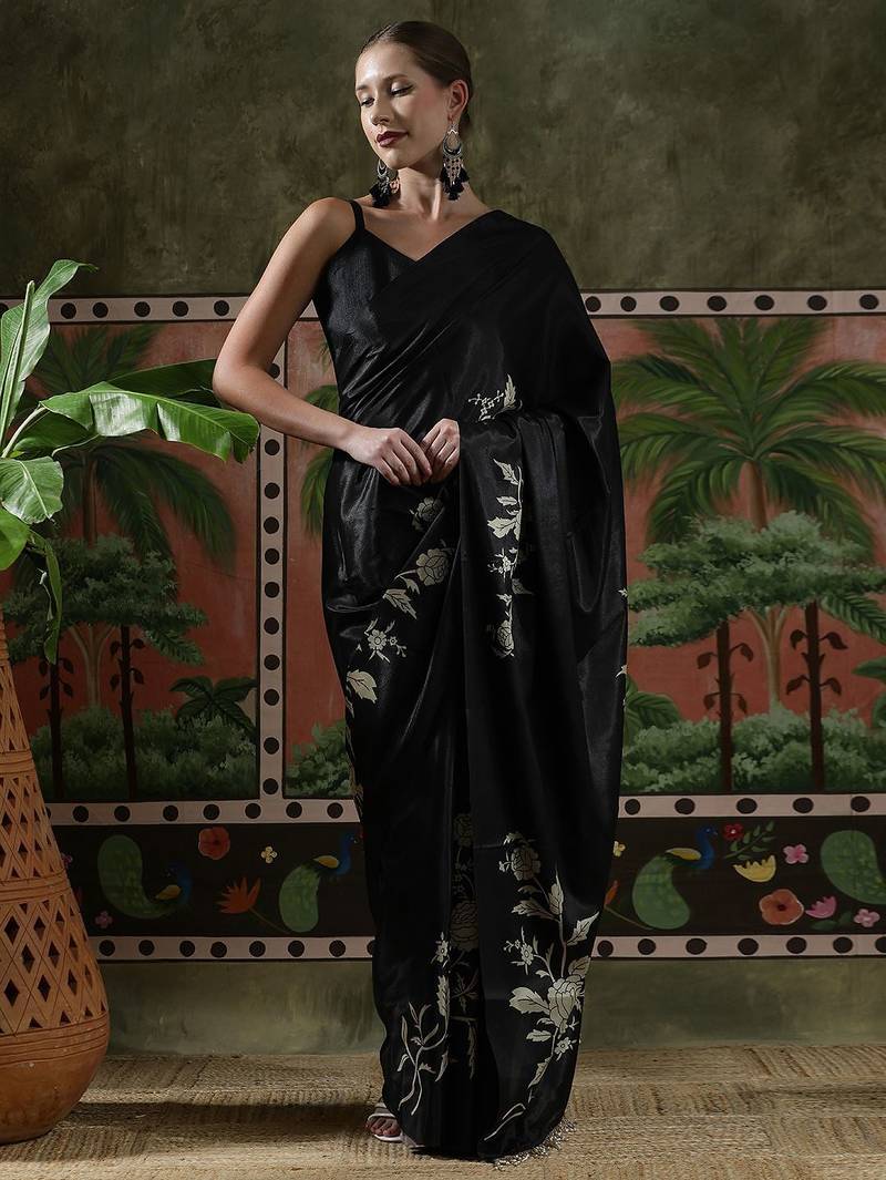 Black ready to wear satin floral digital printed saree