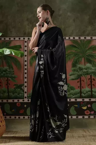 Black ready to wear satin floral digital printed saree
