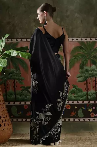 Black ready to wear satin floral digital printed saree