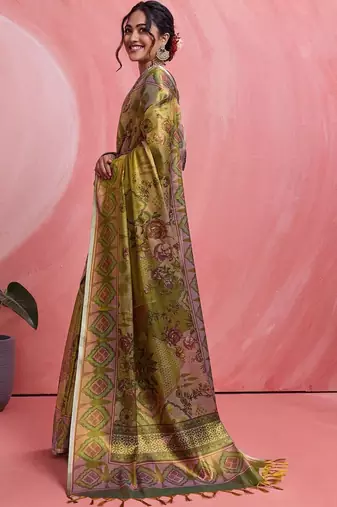Olive floral tissue heavy work banarasi saree