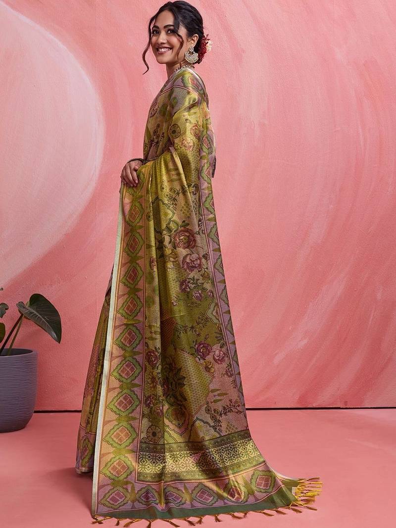 Olive floral tissue heavy work banarasi saree