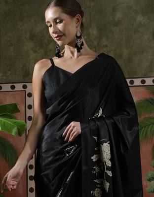 Black ready to wear satin floral digital printed saree 4
