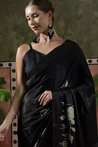 Black ready to wear satin floral digital printed saree