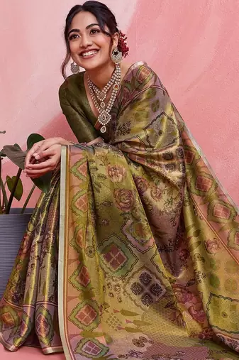 Olive floral tissue heavy work banarasi saree