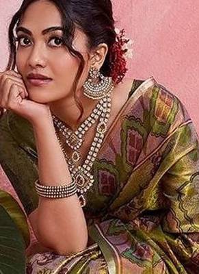 Olive floral tissue heavy work banarasi saree 3