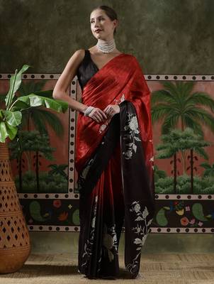 Red ready to wear satin floral digital printed saree 1