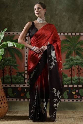 Red ready to wear satin floral digital printed saree