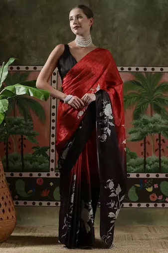 Red ready to wear satin floral digital printed saree