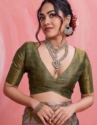 Olive floral tissue heavy work banarasi saree 5