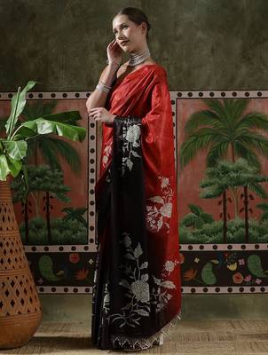 Red ready to wear satin floral digital printed saree 2