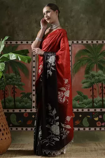 Red ready to wear satin floral digital printed saree
