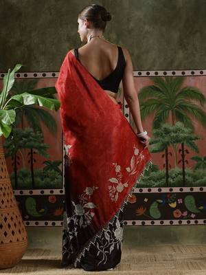 Red ready to wear satin floral digital printed saree 3