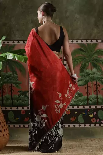 Red ready to wear satin floral digital printed saree