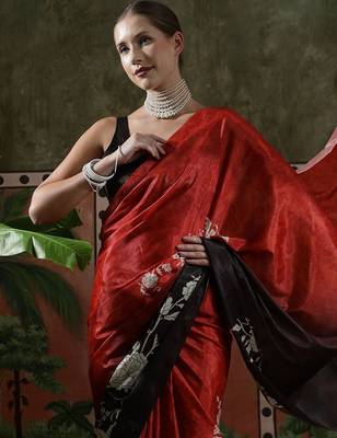 Red ready to wear satin floral digital printed saree 4