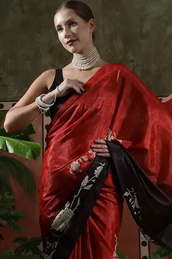 Red ready to wear satin floral digital printed saree