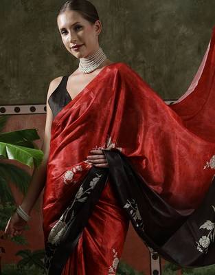 Red ready to wear satin floral digital printed saree 5