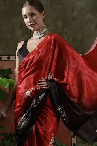 Red ready to wear satin floral digital printed saree