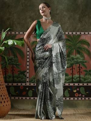 Grey ready to wear satin floral digital printed saree 1