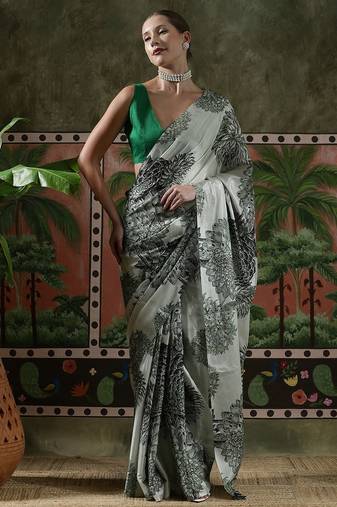 Grey ready to wear satin floral digital printed saree