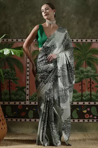 Grey ready to wear satin floral digital printed saree