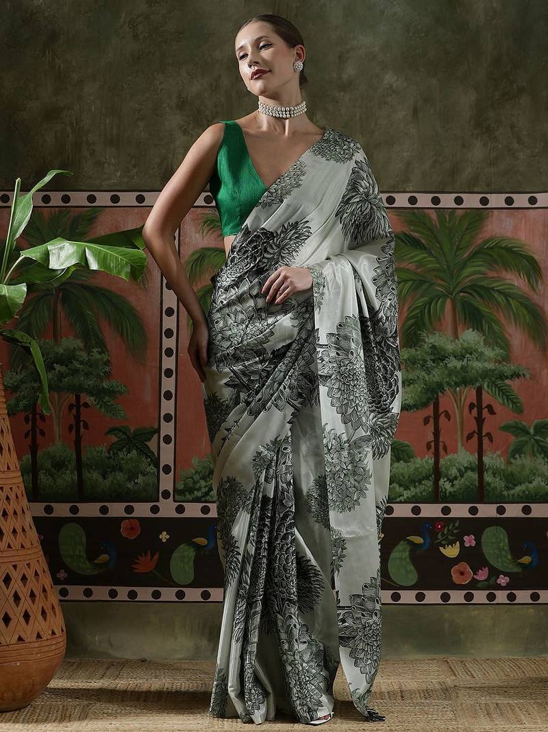 Grey ready to wear satin floral digital printed saree