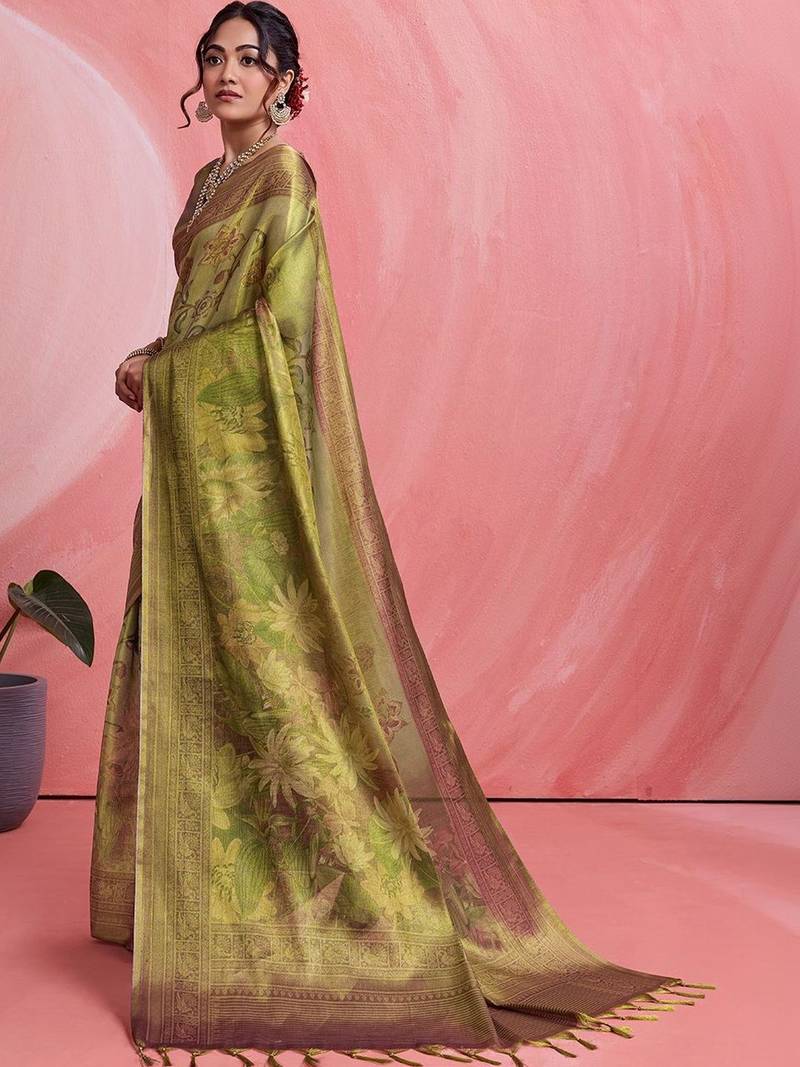 Olive floral tissue handloom banarasi saree