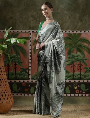 Grey ready to wear satin floral digital printed saree 2