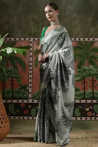 Grey ready to wear satin floral digital printed saree