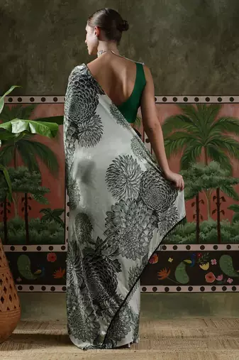 Grey ready to wear satin floral digital printed saree