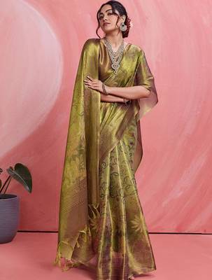 Olive floral tissue handloom banarasi saree 3