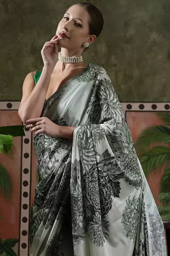 Grey ready to wear satin floral digital printed saree