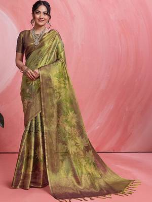 Olive floral tissue handloom banarasi saree 4
